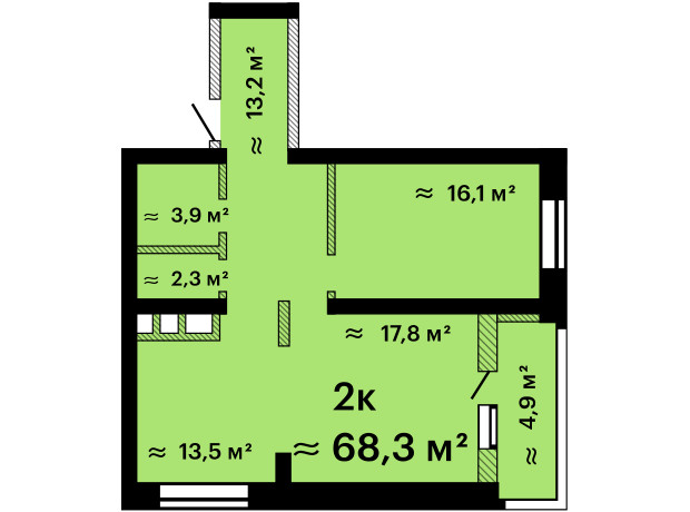 ЖК Альтаир-3: планировка 2-комнатной квартиры 68.3 м²