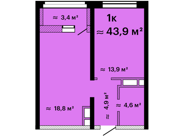 ЖК Альтаїр-3: планування 1-кімнатної квартири 43.9 м²