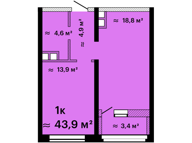ЖК Альтаир-3: планировка 1-комнатной квартиры 43.9 м²