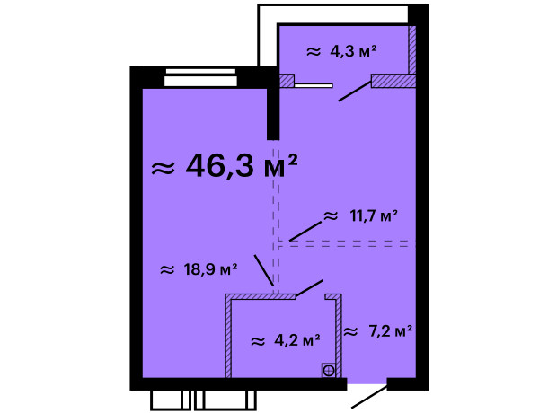 ЖК Скай Сити Плюс: планировка 1-комнатной квартиры 46.3 м²