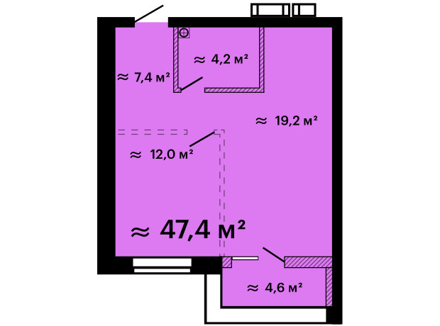 ЖК Скай Сити Плюс: планировка 1-комнатной квартиры 47.4 м²