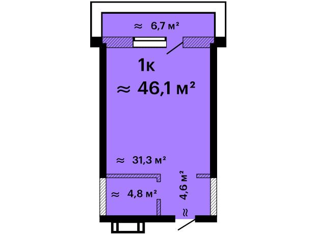ЖК Оскар: планування 1-кімнатної квартири 46.1 м²