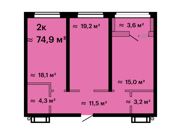 ЖК Оскар: планування 2-кімнатної квартири 74.9 м²