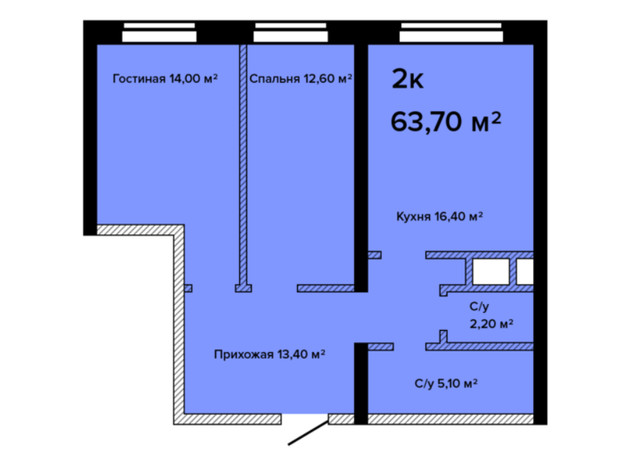 ЖК Sea View: планировка 2-комнатной квартиры 63.7 м²