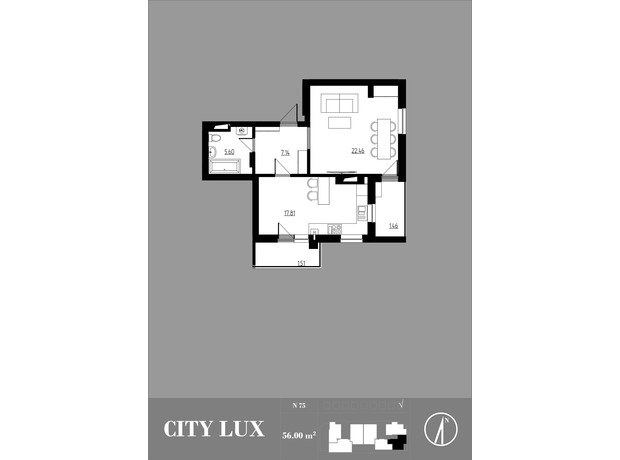 ЖК City Lux: планировка 1-комнатной квартиры 56 м²
