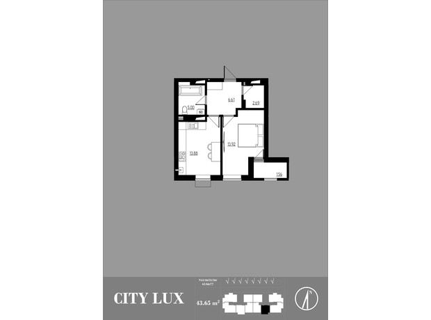 ЖК City Lux: планування 1-кімнатної квартири 43.65 м²