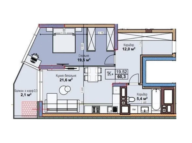 ЖК London House: планування 1-кімнатної квартири 60.3 м²