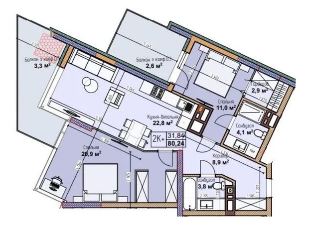 ЖК London House: планування 2-кімнатної квартири 80.24 м²