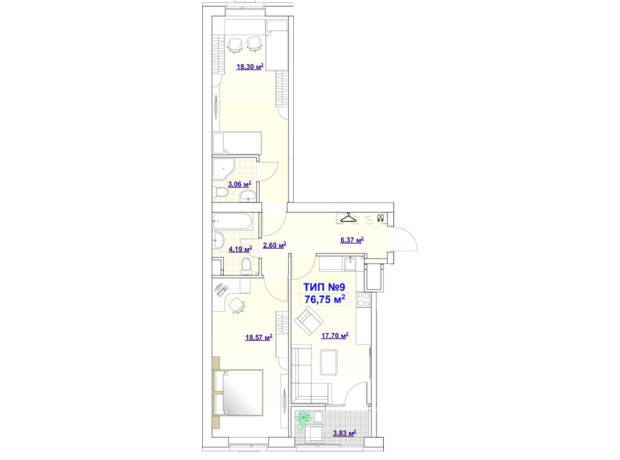 ЖК Barvy: планування 2-кімнатної квартири 76.59 м²