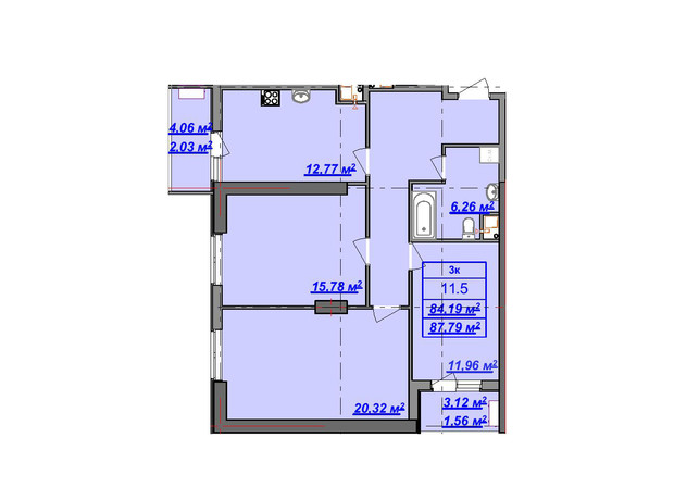 ЖК Посейдон: планировка 3-комнатной квартиры 87.79 м²