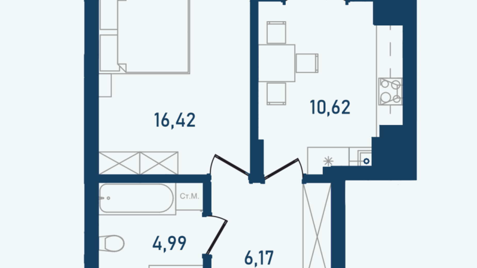 Планування 1-кімнатної квартири в ЖК Престижний 2 42.12 м², фото 608696