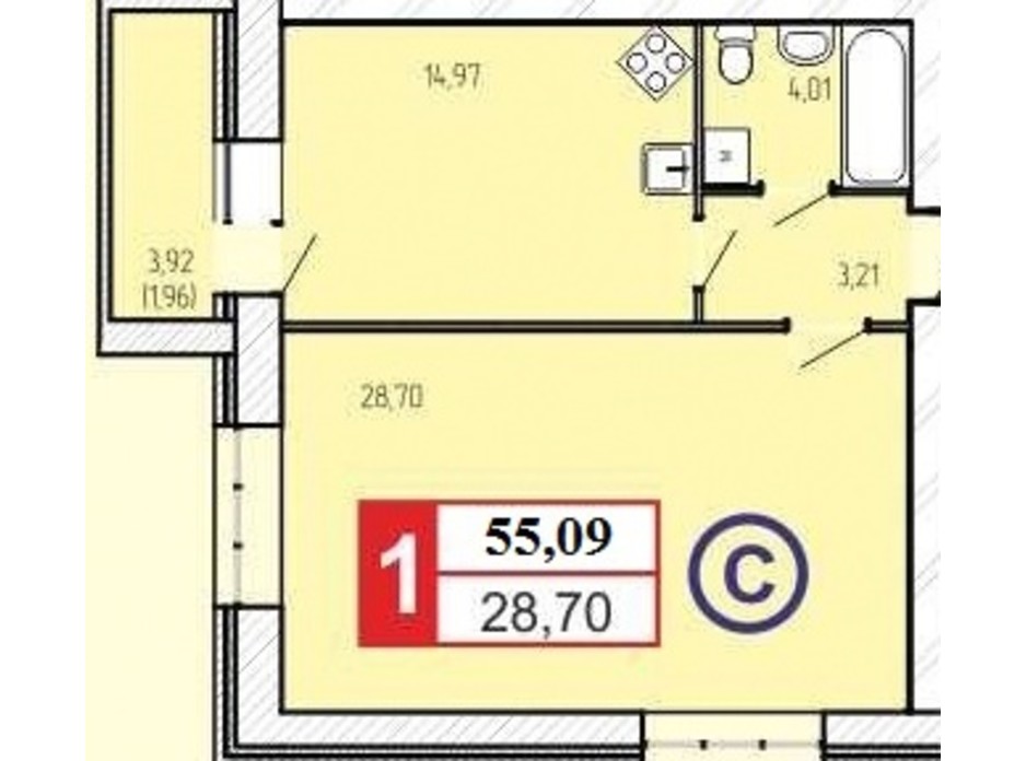 Планировка 1-комнатной квартиры в ЖК «777» 55.09 м², фото 60910 Планировка 1-комнатной квартиры в ЖК «777» 55.09 м², фото 60910