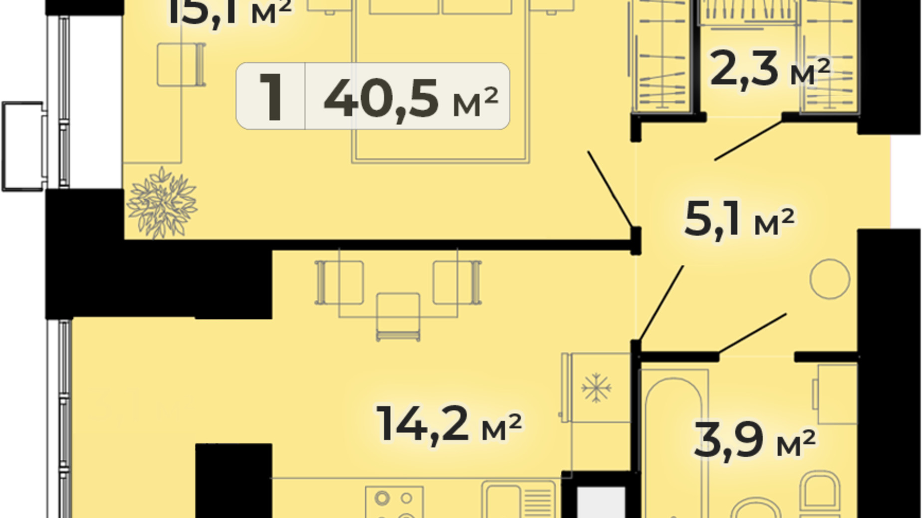 Планування 1-кімнатної квартири в ЖК Комфорт Парк 40.5 м², фото 609129