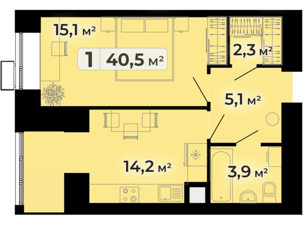 ЖК Комфорт Парк: планування 1-кімнатної квартири 40.5 м²