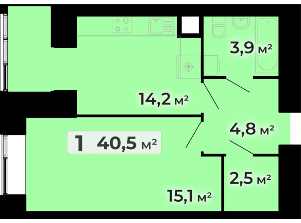 ЖК Комфорт Парк: планування 1-кімнатної квартири 40.5 м²