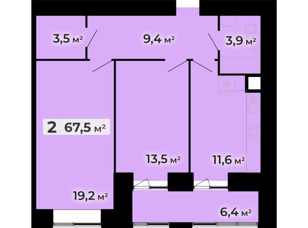 ЖК Комфорт Парк: планування 2-кімнатної квартири 67.5 м²