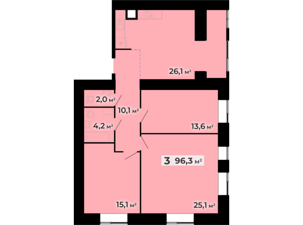 ЖК Комфорт Парк: планування 3-кімнатної квартири 96.3 м²