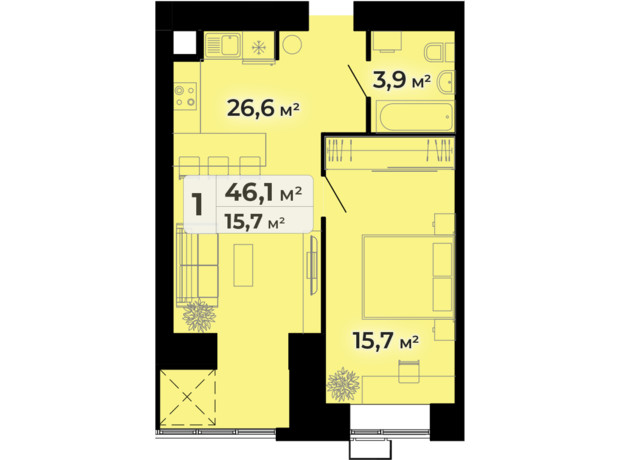 ЖК Комфорт Парк: планування 1-кімнатної квартири 46.1 м²
