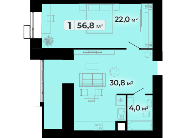 ЖК Комфорт Парк: планування 1-кімнатної квартири 56.8 м²