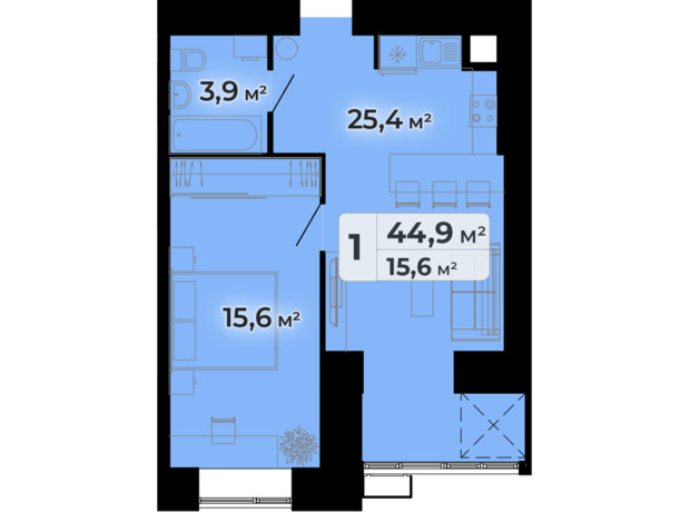 ЖК Комфорт Парк: планування 1-кімнатної квартири 44.9 м²