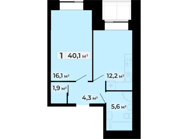 ЖК Комфорт Парк: планування 1-кімнатної квартири 40.1 м²