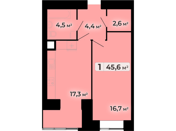 ЖК Комфорт Парк: планування 1-кімнатної квартири 45.6 м²