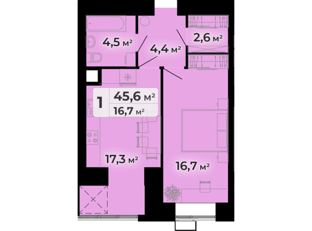 ЖК Комфорт Парк: планування 1-кімнатної квартири 45.6 м²