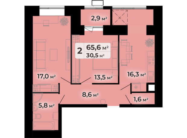 ЖК Комфорт Парк: планування 2-кімнатної квартири 65.6 м²