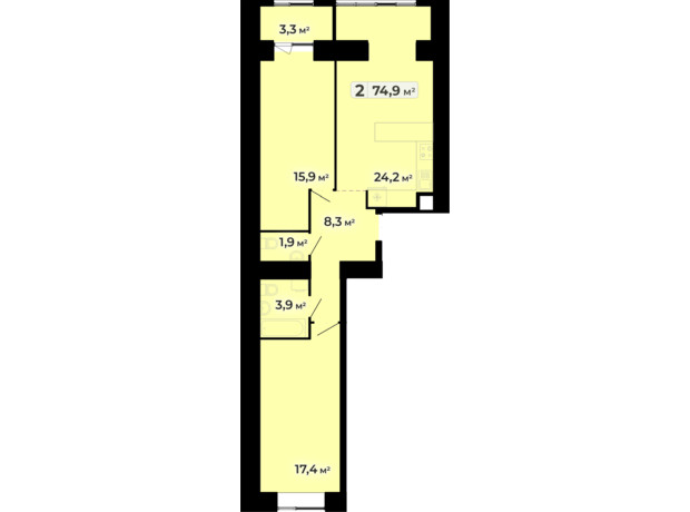 ЖК Комфорт Парк: планування 2-кімнатної квартири 74.9 м²