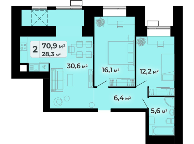 ЖК Комфорт Парк: планування 2-кімнатної квартири 70.9 м²