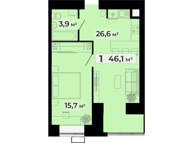 ЖК Комфорт Парк: планування 1-кімнатної квартири 45 м²