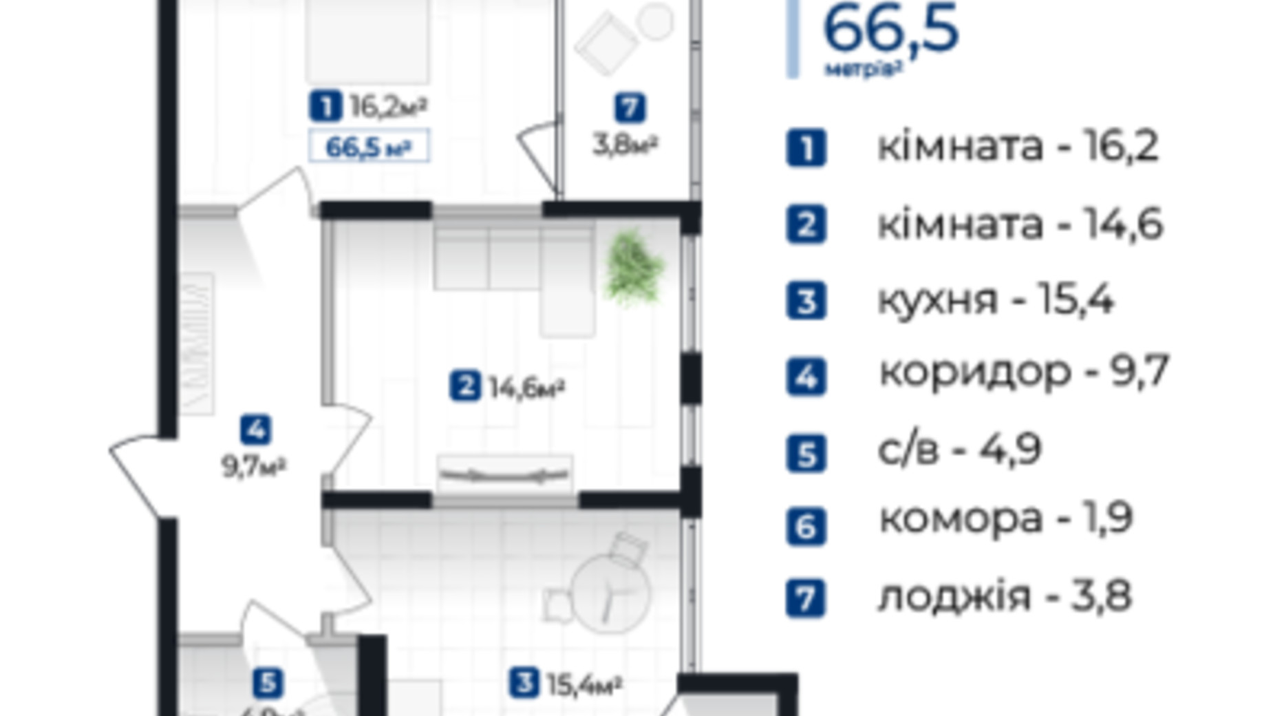 Планировка 2-комнатной квартиры в ЖК Senat 66.5 м², фото 609229