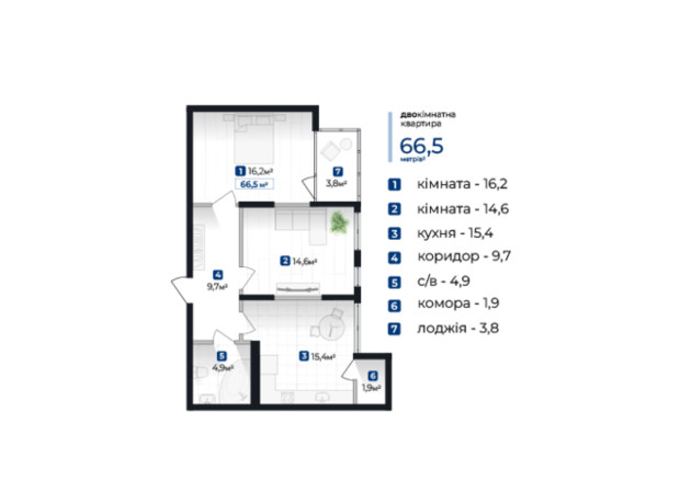 ЖК Senat: планировка 2-комнатной квартиры 66.5 м²