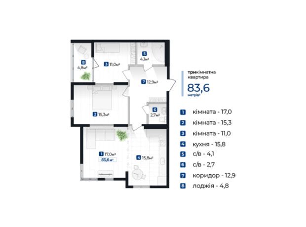 ЖК Senat: планировка 3-комнатной квартиры 83.6 м²