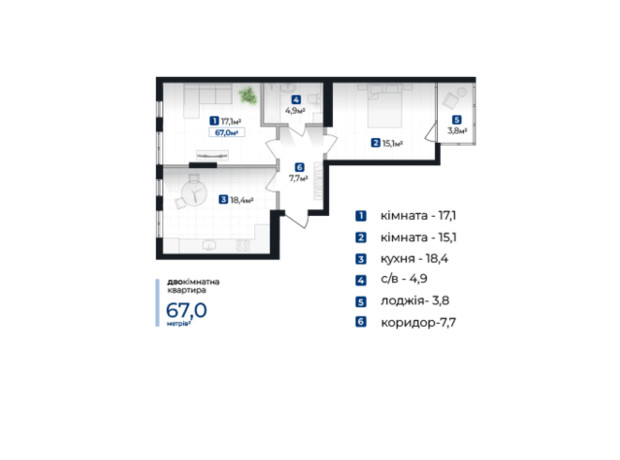 ЖК Senat: планировка 2-комнатной квартиры 67 м²