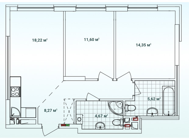 ЖК Варшавський 3: планування 2-кімнатної квартири 62.73 м²