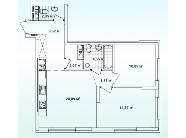 ЖК Варшавський 3: планування 2-кімнатної квартири 65.22 м²