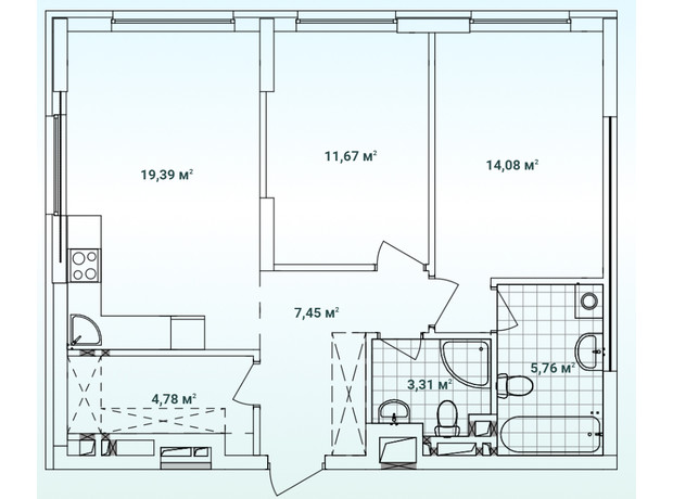 ЖК Варшавський 3: планування 2-кімнатної квартири 66.44 м²