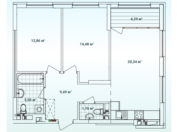 ЖК Варшавський 3: планування 2-кімнатної квартири 68.22 м²