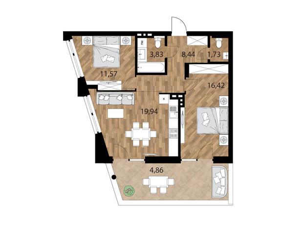 Клубний будинок Forest Etalon Club: планування 2-кімнатної квартири 66.7 м²