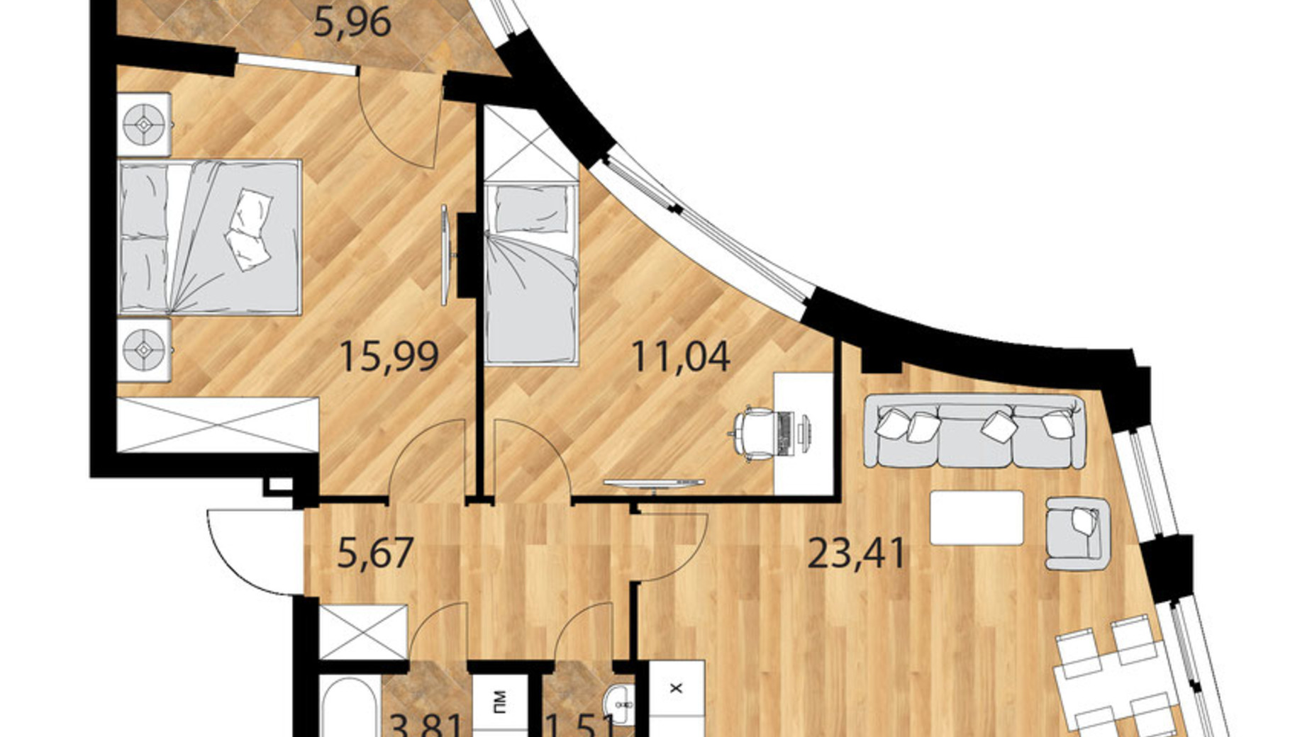 Планировка 2-комнатной квартиры в Клубный дом Forest Etalon Club 67.38 м², фото 609484