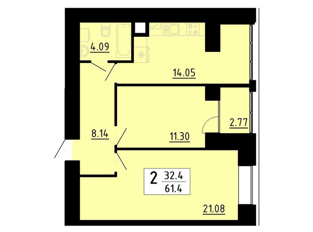 ЖК Кольоровий: планування 2-кімнатної квартири 61.4 м²