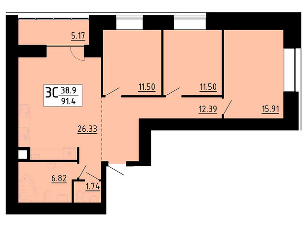 ЖК Кольоровий: планування 3-кімнатної квартири 91.4 м²