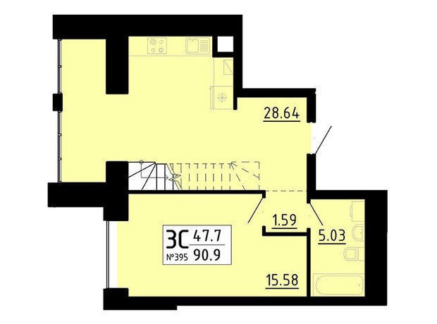 ЖК Кольоровий: планировка 3-комнатной квартиры 90.9 м²