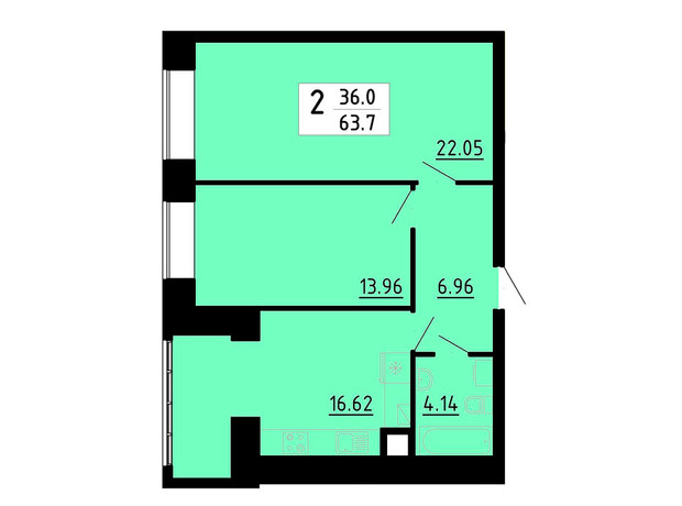 ЖК Кольоровий: планировка 2-комнатной квартиры 63.7 м²