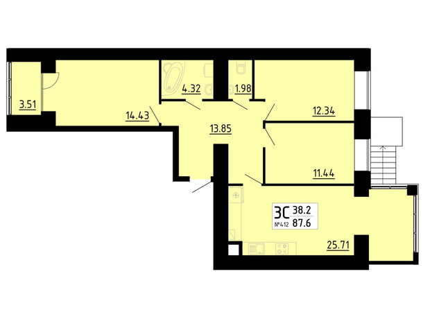 ЖК Кольоровий: планування 3-кімнатної квартири 87.6 м²