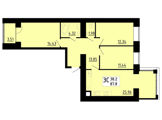 ЖК Кольоровий: планування 3-кімнатної квартири 87.8 м²