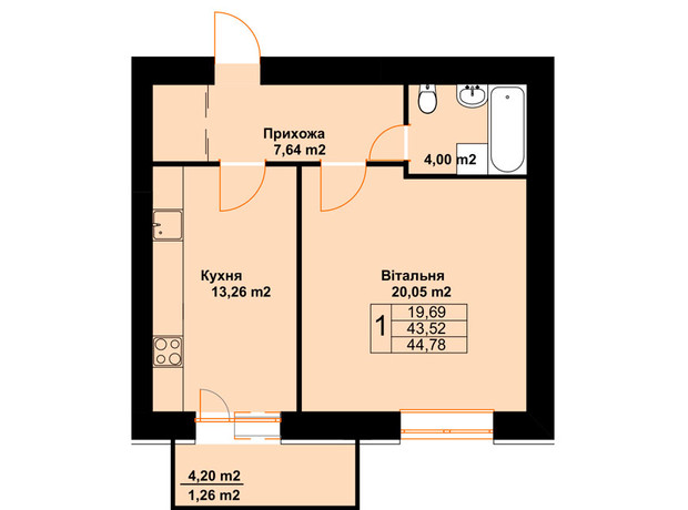 ЖК Баварія: планування 1-кімнатної квартири 44.78 м²