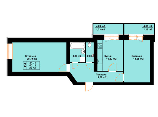 ЖК Бавария: планировка 2-комнатной квартиры 62.59 м²