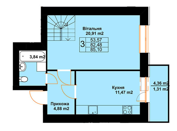 ЖК Бавария: планировка 3-комнатной квартиры 85.1 м²